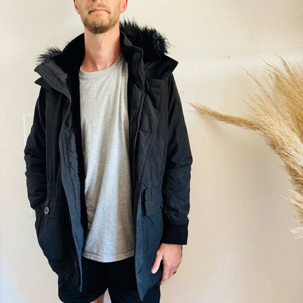VINTAGE HOLLISTER Black Faux Fur Hooded Fleece Lined Parka Jacket Over Coat S